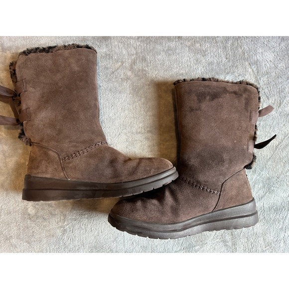 UGG Suede Leather Tall Boots Brown Bow Accents Leopard Print Trim Size 9 - Picture 6 of 7